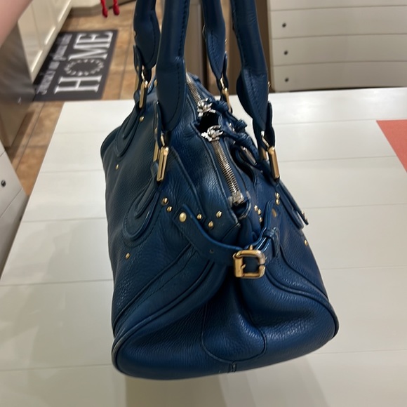 CHLOE BLUE LEATHER SATCHEL TOTE BAG - Picture 4 of 17